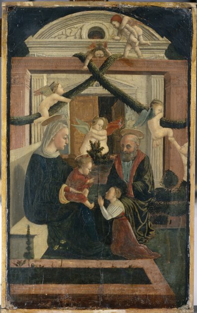 圣家族与祈祷中的捐赠者和嬉戏的天使，约 1460 年（松木上的蛋彩画） 作者 意大利学校