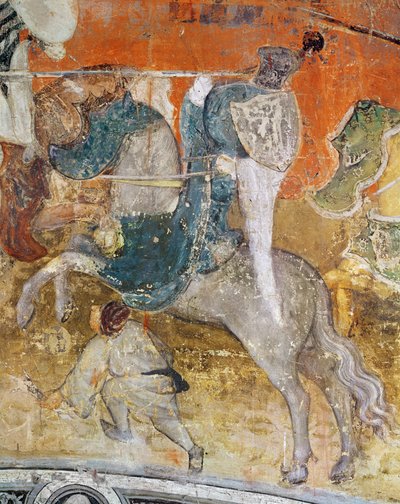 二月，锦标赛中骑士的细节，约 1400 年（壁画） 作者 Italian School