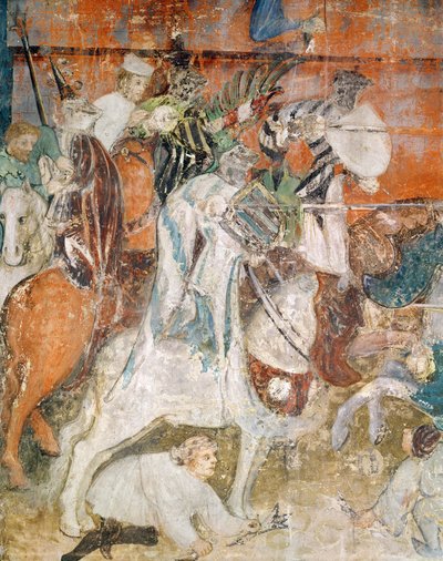 二月，锦标赛中骑士的细节，约 1400 年（壁画） 作者 Italian School