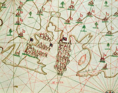 拉瓦莱塔港，来自航海地图集，1646年（牛皮纸上的墨水）（详情来自330944） 作者 意大利学校