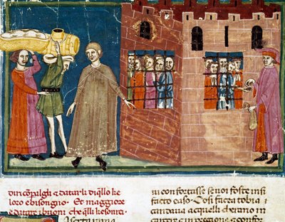 向囚犯分发膳食 佛罗伦萨学校的缩影取自 14 世纪初由 Ser Zucchero Bencivenni (MS.II.VI 16) 撰写的“Pater noster”扩展版，佛罗伦萨，国家图书馆 作者 意大利学校