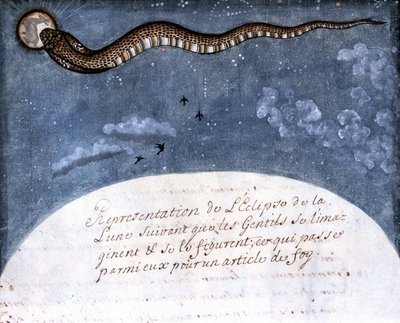 莫卧儿印第安人想象的月食（一条吞食月亮的蛇） Page 取自 Stefano Nivibus Cardeira 手稿（ms.8300）“莫卧儿历史”（莫卧儿或莫卧儿）。 18世纪。 Bibloteca marciana，威尼斯 作者 意大利学校