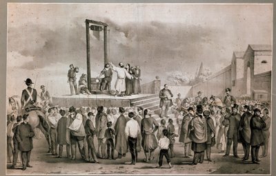 1858年3月13日，Felice Orsini (1819 - 1858)和Pieri在巴黎Roquette广场执行了1858年1月14日对拿破仑三世的袭击，19世纪末的石版画。米兰起义博物馆 作者 意大利学校