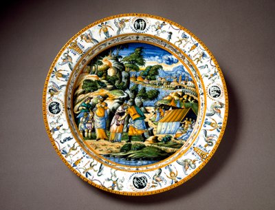 Aaron 和 Moise Ceramic 板在意大利 Fontana 车间的乌尔比诺生产。 佛罗伦萨周围 1550 年，Museo Nazionale del Bargello - Aaron 和 Moses 之间的会面，来自意大利乌尔比诺 Fontana 工作室的陶瓷板。 大约 1550 年。 国家 作者 意大利学校