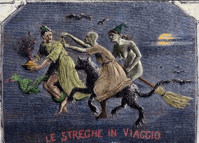 The witches on their way to the Sabbath: one is on a black cat, another on a broom and the third on a dragon carries an elixir. Engraving. 作者 意大利学校