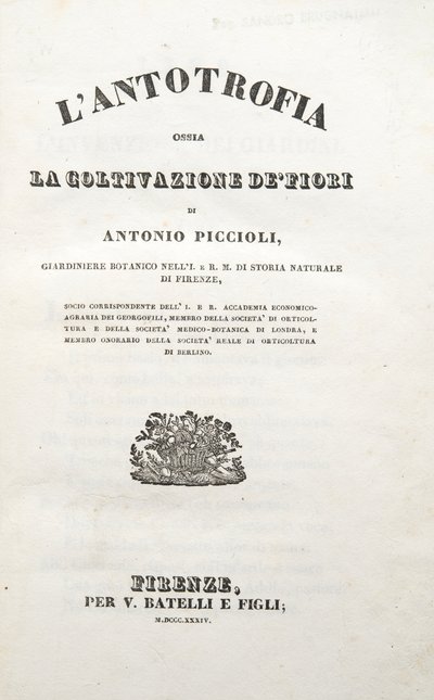 标题页，出自安东尼奥·皮乔利的《花的栽培》，出版于 1834 年（版画） 作者 意大利学校