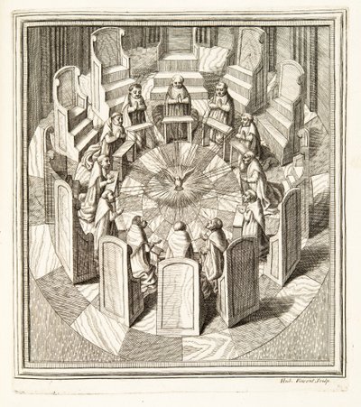 Twelve Judges of the Rota praying in a circular hall surrounding the Holy Spirit, pub. 1717 (engraving) 作者 意大利学校