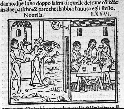 两个人肩上扛着一头猪。 意大利作家 Giovanni Boccaccio dit Jean Boccaccio（1313-1375）的“十日谈”新闻 76（新 6 日）插图。 雕刻在“”Decamerone ouer Cento nouelle”“威尼斯，巴托洛梅奥德 作者 意大利学校