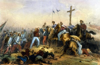 意大利统一：1860 年 7 月 20 日在西西里岛的米拉佐战役。 朱塞佩·加里波第的千军击败了弗朗索瓦二世。 19 世纪晚期的石版画 作者 意大利学校