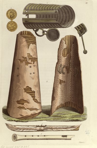Various Viking artefacts: bronze bracelet, golden medal with runic alphabet, shields, flutes. Illustration by V. Raineri from 
