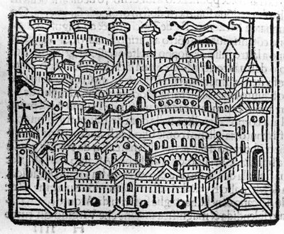 意大利奥斯塔市的景色。威尼斯Fra Jacopo Filippo Foresti的 "Supplemento alle cronache "中的雕版。 作者 意大利学校
