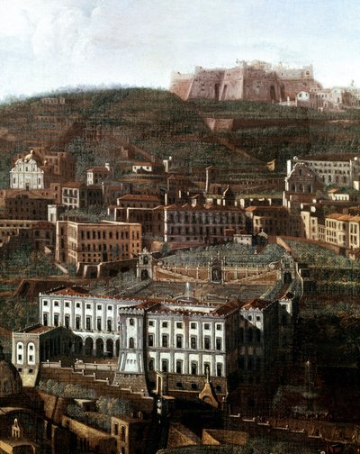 那不勒斯旧法院变成带有悬空花园的宫殿的景观 佚名画 - 18世纪 - 那不勒斯，圣马蒂诺国家博物馆 作者 意大利学校