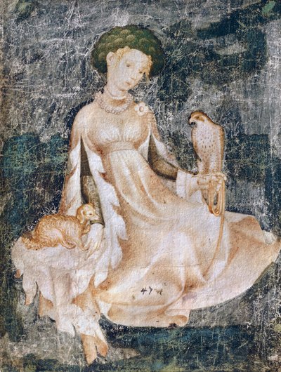 与狗和猎鹰坐在地上的女人，水彩画，法国 作者 意大利学校