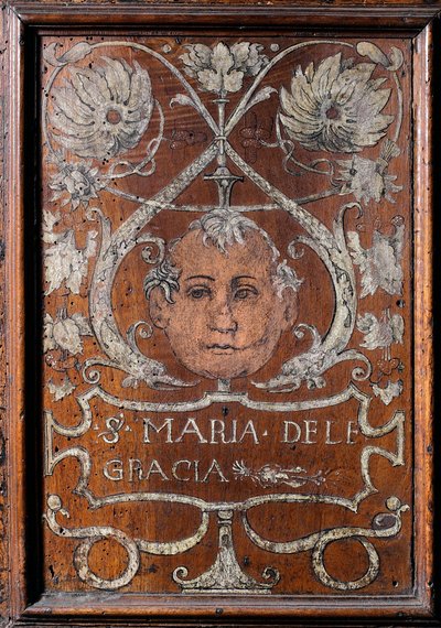 1429-1481 米兰圣母玛利亚大教堂（木制长凳，饰有一张脸并刻有 "Santa Maria delle Gracia "字样，布拉曼特圣职者 作者 意大利学校