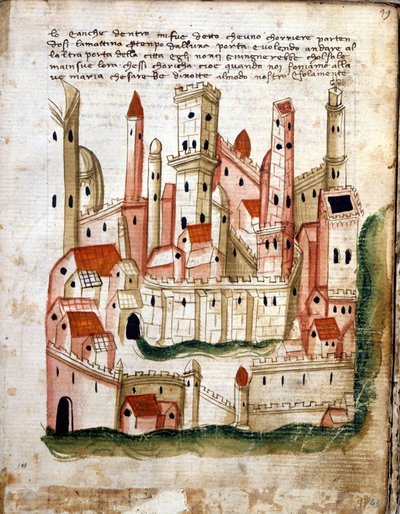 耶路撒冷城的景色，来自Libro dOltramare by Niccolo da Poggibonsi（笔和墨水和牛皮纸上的蛋彩画） 作者 意大利学校意大利学校