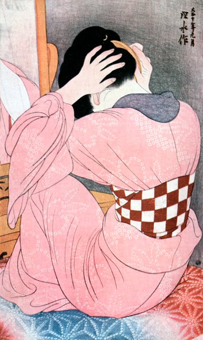 一个女孩在梳理她的头发》，或者，《带着腰带的女人》，约1921年。 作者 伊藤心水