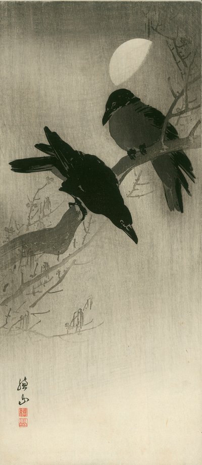 两只乌鸦，约 1920 年（木刻版画） 作者 伊藤宗山