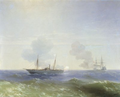 俄文："1877 年 7 月 11 日 Vesta 号汽船在黑海与土耳其 Fehti-Bulend 号战列舰的战斗" 1877 年 7 月 11 日 Vesta 号汽船在黑海与土耳其 Fehti-Bulend 号战列舰的战斗 作者 伊万·艾瓦佐夫斯基
