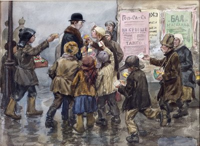 弗拉基米罗夫·伊万·阿列克谢耶维奇（Ivan Alexeyevich，1869-1947 年）在彼得格勒遭到香烟小贩袭击的外国人。 水彩、纸本水粉 作者 伊万·阿列克谢耶维奇·弗拉基米罗夫