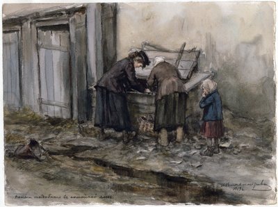 Deux femmes et un enfant cherchant leur repas dans une poubelle - Two women and a child searching through trash bin (from the series of watercolors Russian revolution) - Vladimirov, Ivan Alexeyevich (1869-1947) - 1919 - 纸上水彩 - 25,8x34,5 - P 作者 伊万·阿列克谢耶维奇·弗拉基米罗夫