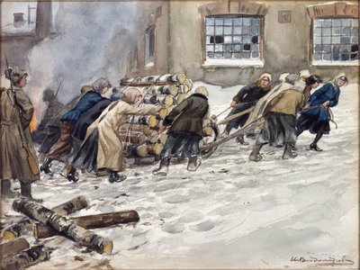 伊万-阿列克谢耶维奇-弗拉基米洛夫（1869-1947 年）的《征用木柴》。纸上水彩、水粉画 作者 伊万·阿列克谢耶维奇·弗拉基米罗夫