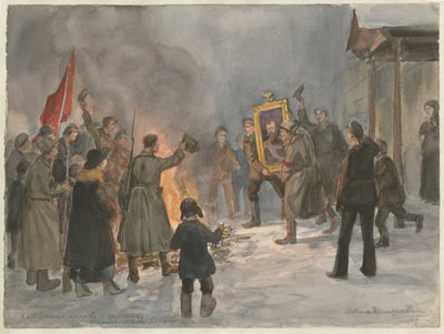 士兵们燃烧一系列水彩画作，俄国革命，1917年 作者 伊万·阿列克谢耶维奇·弗拉基米罗夫