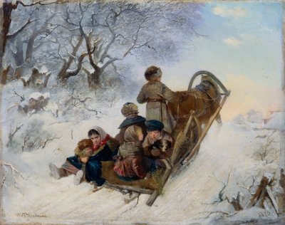 坐在马拉雪橇上的儿童，1870年 作者 伊万·安德烈耶维奇·佩列文