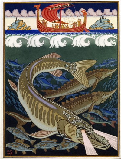 海洋帝国》。俄罗斯传统故事。伊万-雅科夫列维奇-比利宾（Ivan Yakovlevich Bilibin）（1876-1942 年）的作品，纸上水彩和水粉画 作者 伊万·雅科夫列维奇·比利宾
