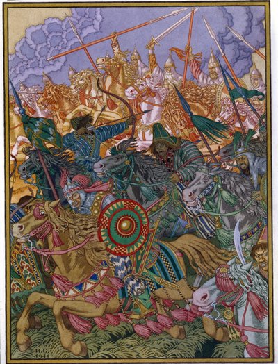 巴图汗被驱逐（约 1205-1255 年）。巴图是俄罗斯草原金帐汗国的蒙古鞑靼首领。伊万-雅科夫列维奇-比利宾（Ivan Yakovlevich Bilibin）（1876-1942 年）的作品，纸上水彩和水粉画 作者 伊万·雅科夫列维奇·比利宾