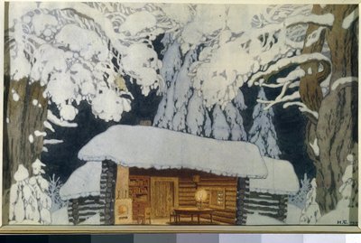 雪林中的木屋。苏沃洛夫司令 "戏剧的装饰。伊万-雅科夫列维奇-比利宾（Ivan Yakovlevich Bilibin）（1876-1942 年）的作品，纸上水彩和水粉画 作者 伊万·雅科夫列维奇·比利宾