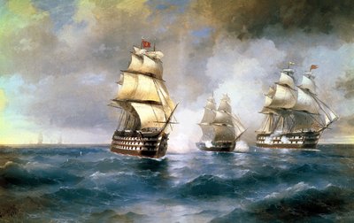 Brig Mercury于1829年5月14日被两艘土耳其船攻击"，1892年。   作者 伊万·康斯坦丁诺维奇·艾瓦佐夫斯基