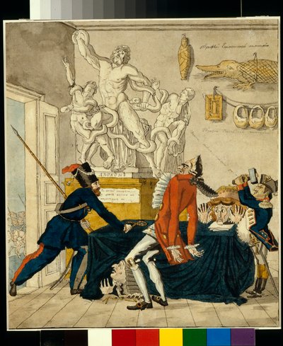 拿破仑-波拿巴（1769-1821 年）出售赃物，包括拉奥孔群雕 - 伊万-伊万诺维奇-捷列别涅夫（1780-1815 年）的漫画，纸上水墨画 作者 Ivan Nikolayevich Terebenev