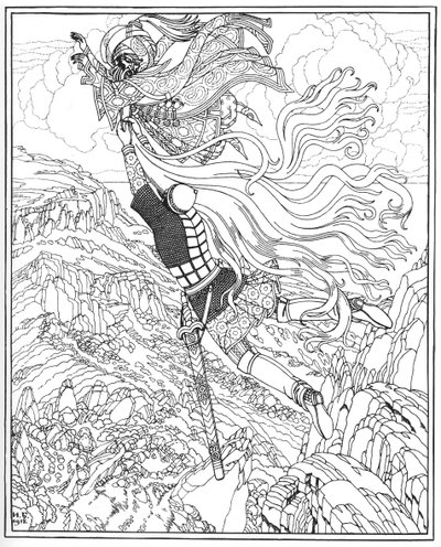 切尔诺莫和鲁斯兰的飞行。普斯金（A. Pushkin）的《鲁斯兰和柳德米拉》诗插图，1918年 作者 伊万·雅科夫列维奇·比利宾