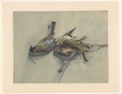三只死鸟的静物画 作者 JN Landré（艺术家签名）