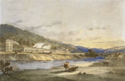 格拉摩根郡的特雷弗雷斯特锡矿厂，约 1840 年（纸面手绘石版画） 作者 J·阿普尔比
