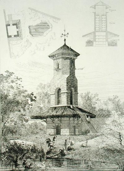 沙特雷特的禽类庇护所，出自《花园的建设与装饰》，约1880年出版（雕刻）。 作者 J·布萨德