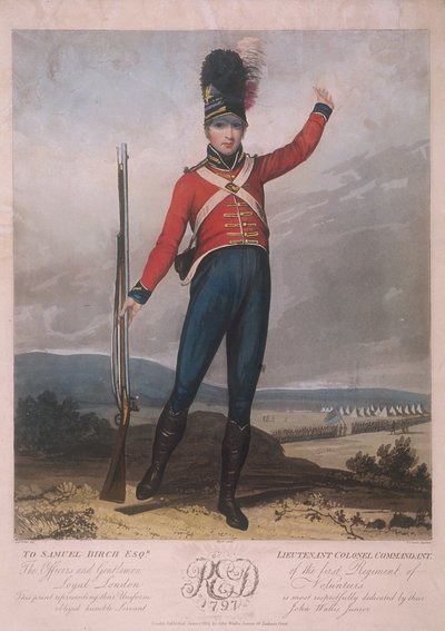 穿着忠诚的伦敦志愿军第一团制服的军人形象，1797年 作者 J格林