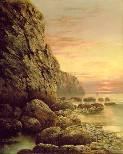 与峭壁的海景在日落，1889年 作者 J. H. Blunt