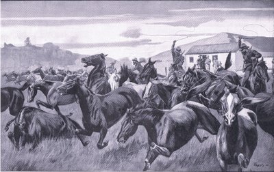 Boers在Braamfontein袭击了Remount Depot，来自比勒陀利亚之后：The Guerilla War，由Harmsworth Bros Limited出版，1901年 作者 JH索恩利