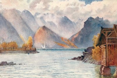 从克拉伦斯的浴场眺望萨瓦阿尔卑斯山，JHL（彩色石版画） 作者 J·哈德威克·刘易斯