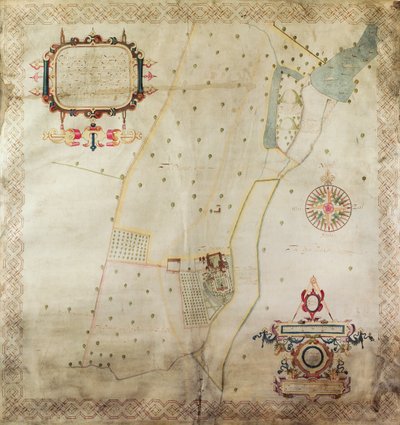 什罗纳尔庄园地图，什罗普郡，1635年（牛皮纸上的墨水和颜色） 作者 哈里森