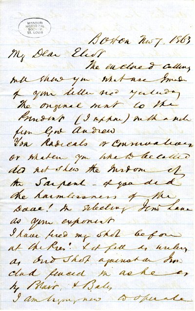 1863年11月7日，署名J.M.F[J.M. Forbes]，波士顿，致艾略特[William G. Eliot]的信 作者 JM福布斯