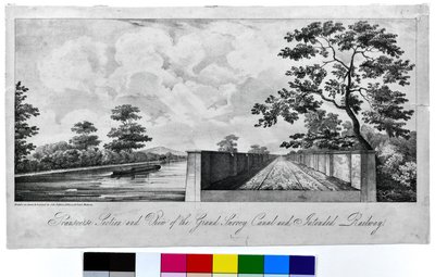 大萨里运河和拟建铁路的横断面和视图，约 1835 年（纸面石版画） 作者 JR乔宾斯