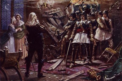 奥利弗-克伦威尔（Oliver Cromwell）的议会士兵闯入查理一世国王支持者的住宅（彩色石版画 作者 威廉姆森