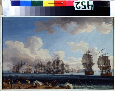 "1770年7月5日，俄罗斯凯瑟琳二世的舰队与奥斯曼帝国的舰队在希腊的希俄斯岛进行了切斯马海战（奥洛夫革命或奥洛夫兄弟远征）。水粉画 作者 雅各布·菲利普·哈克特