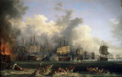 "Le naufrage des navires turcs lors de la bataille de Tchesme le 05/07/1770" （《1770 年 7 月 5 日的切斯马海战》）这是凯瑟琳二世的俄国舰队和奥斯曼帝国舰队在希腊希俄斯岛的对决（奥洛夫的革命或远征）。 作者 雅各布·菲利普·哈克特