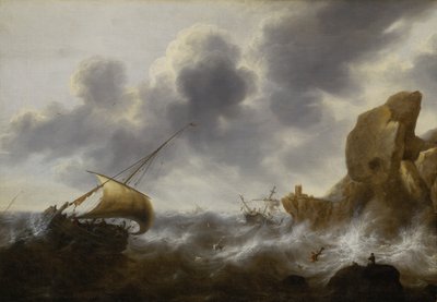 暴风雨中的岩石海岸渔船与沉船，约 1664-65 年（油画） 作者 雅各布·阿德里安斯。贝勒瓦