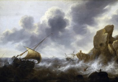 一艘渔船在岩石海岸附近遭遇风暴，船身遇难。Jacob Adriaensz Bellevois（1621-1675 年）的布面油画。 作者 雅各布·阿德里安斯。贝勒瓦