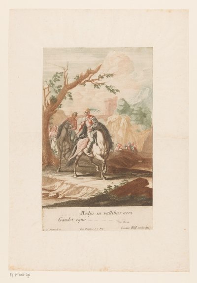 骑兵穿过山谷
Medijs in vallibus acri Gaudet equo（物上标题） 作者 格奥尔格·菲利普·鲁根达斯 (I)