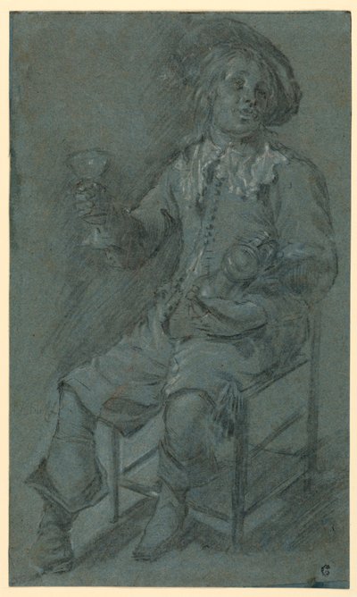 素描，端着酒杯的骑士坐像，1650-60 年 作者 雅各布鸭
